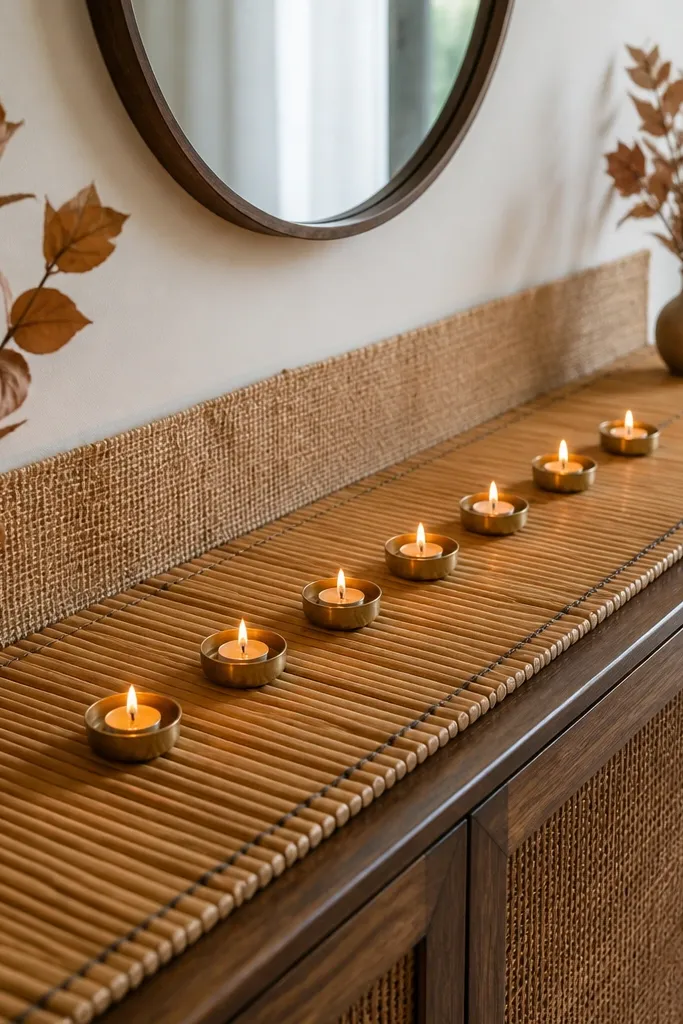 A long bamboo runner on a hallway console. Along the runner, six small diyas in a straight line sit in tiny metal holders. A strip of natural jute cloth runs behind them like a backdrop, with two small dried leaf bunches at the ends.