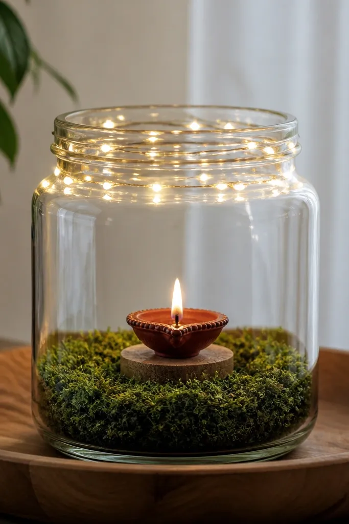 A clear glass jar on a wooden tray. Inside, green moss covers the bottom. A single diya sits on a small circular stand in the center. On top, a thin ring of fairy lights glows warm white.