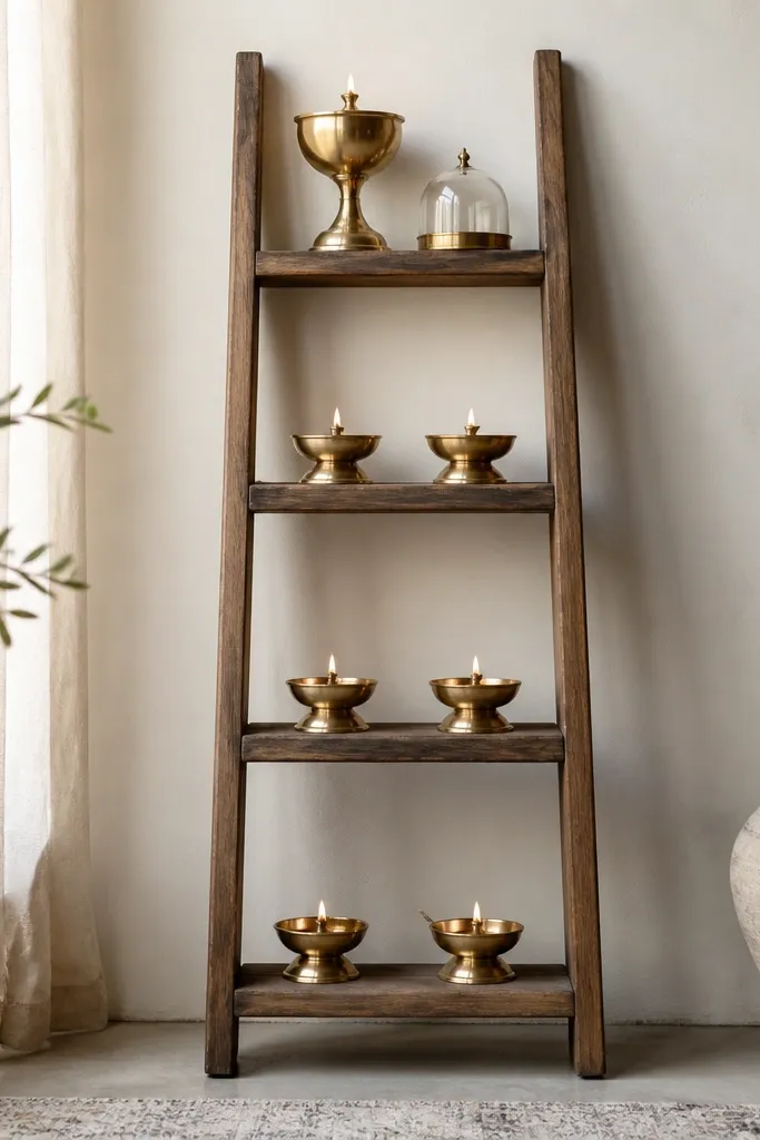 A small wooden ladder shelf against a wall. On each rung, brass diya-style candle cups are grouped in pairs. The top rung has a taller cup with a tiny glass cover beside it. The wall behind is painted off-white.