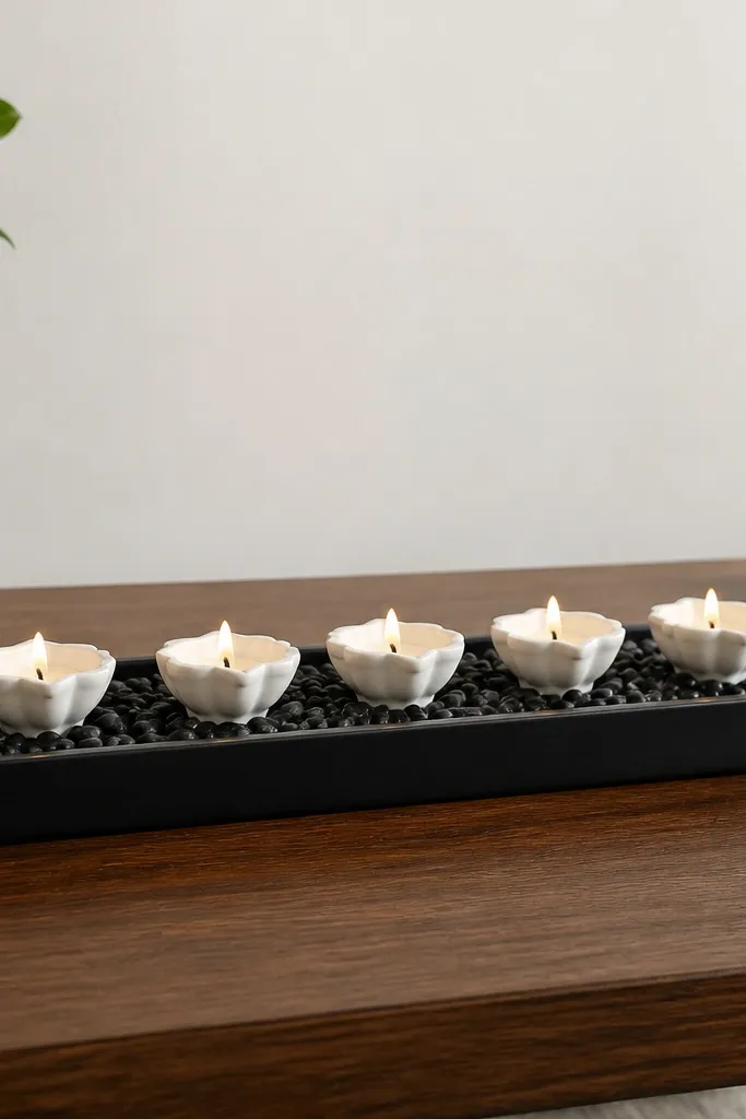 A rectangular matte black tray on a coffee table. A straight row of white ceramic diya holders sits along the center. Tiny black pebbles flank the row. The background is a plain light wall.