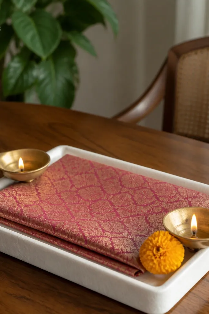 A dining table corner scene. A small square of saree-print fabric is folded like a table runner. Two brass diyas sit in opposite corners of a white tray. A single marigold-yellow flower rests near one diya.
