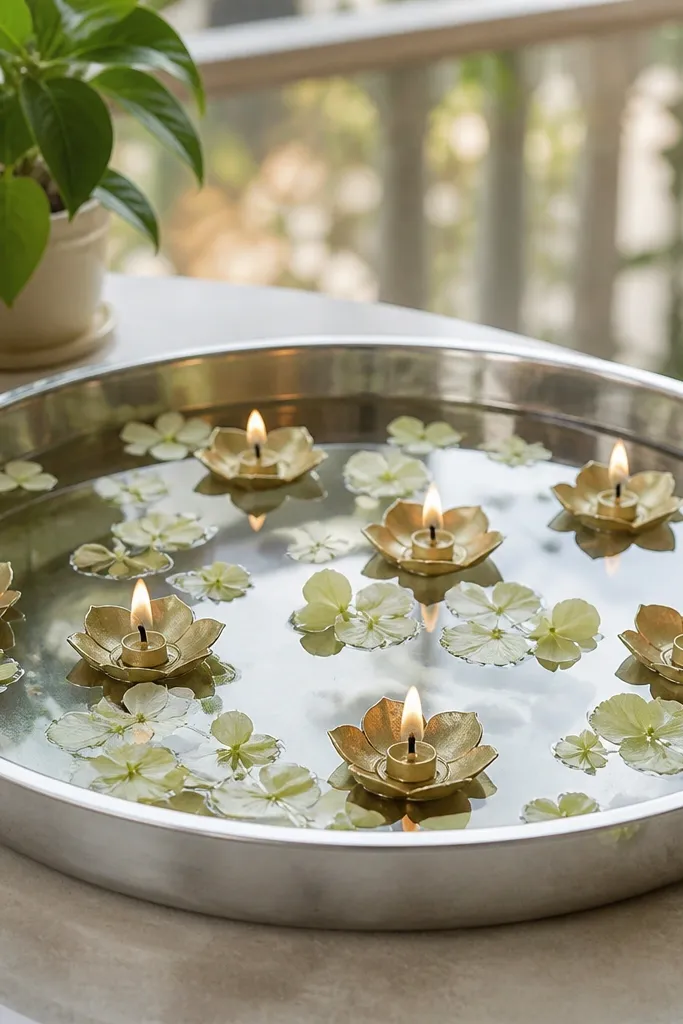 A shallow stainless tray filled with clear water. Floating diya wicks sit on small lotus-shaped holders. Pale green petals float around them. The setup is on a balcony table with daylight.