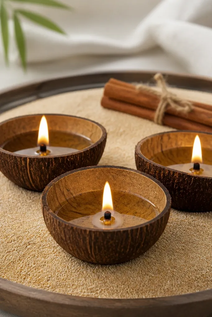 Three coconut shell half-cups arranged on a tray. Fine golden sand fills the spaces around them. Each shell holds a diya with a wick. A small cinnamon stick bundle lies near the back.