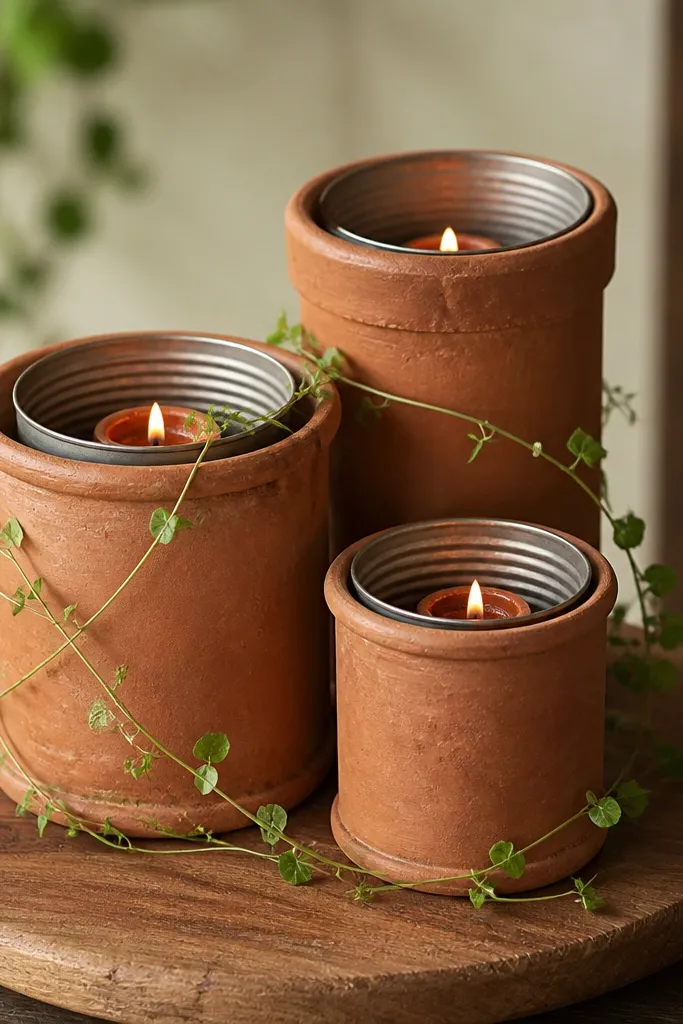Three terracotta pots of different heights grouped together. Inside each pot sits an upcycled tin holder with a small diya. The pots sit on a wooden board. A thin green vine wraps around the pots.