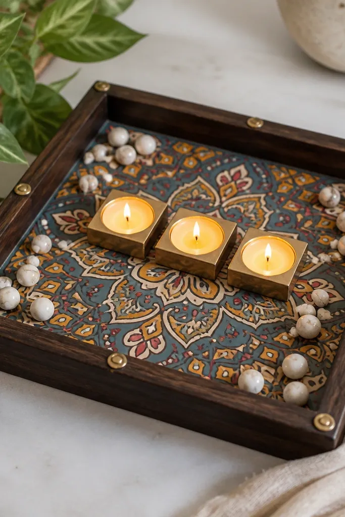 A square tray with a printed rangoli pattern on the bottom. Tealight blocks sit in the center row. White marbles are scattered around the edges. Small brass accents line the corners.