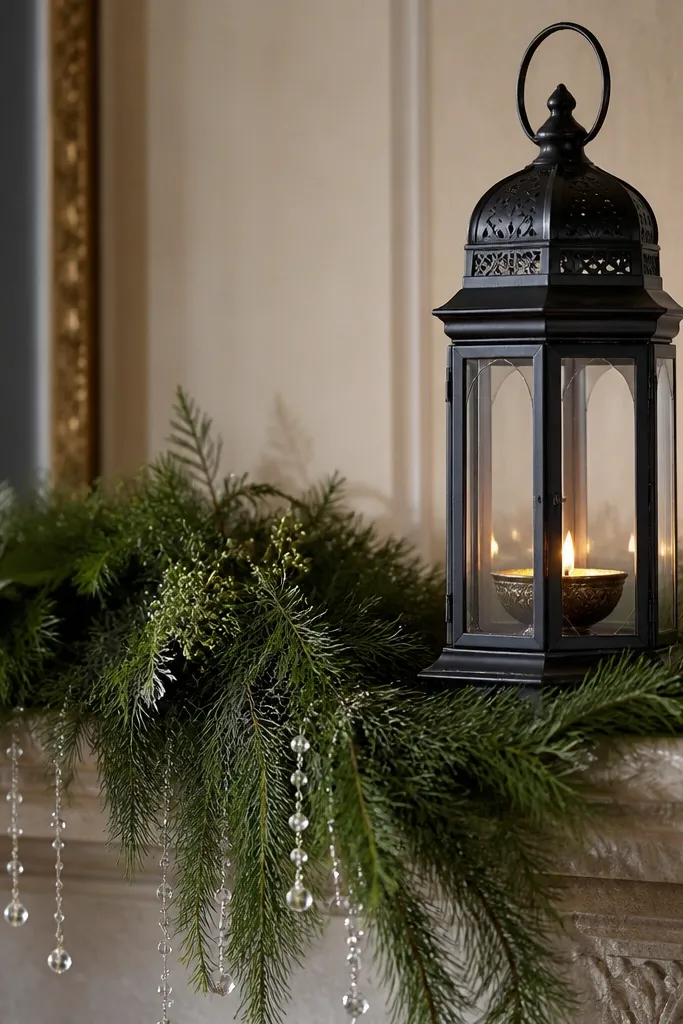 A dark green garland draped along a mantle. A single black lantern holds a diya inside. Small clear beads hang from the garland near the lantern.
