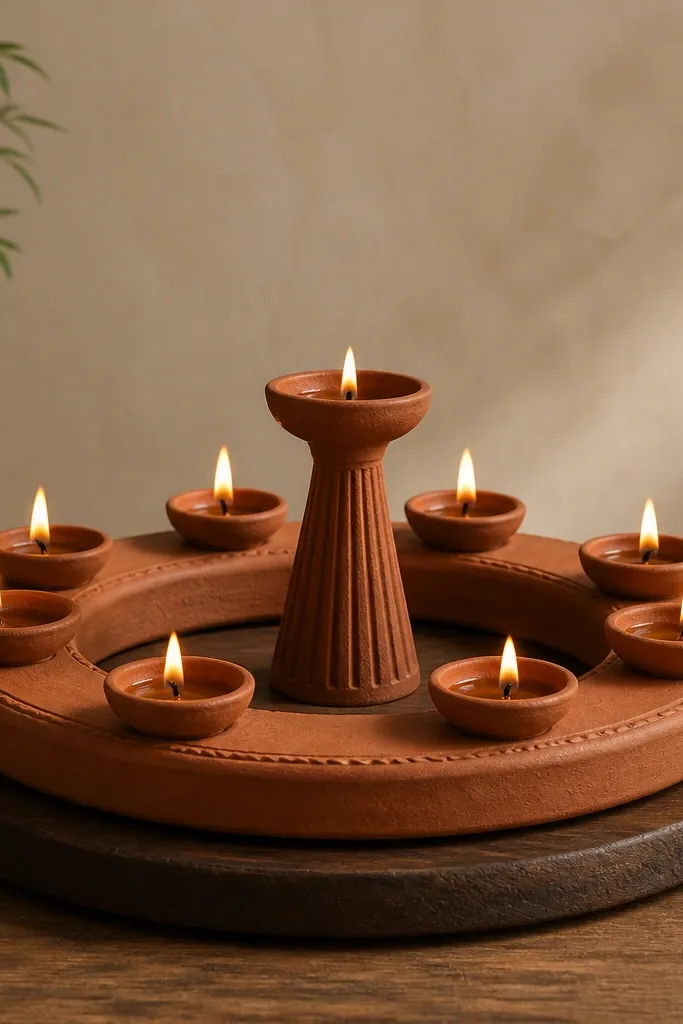 A circular terracotta ring set on a wooden base. Nine mini diyas are placed evenly around the ring, and one taller diya stands in the center. The background is a neutral wall.