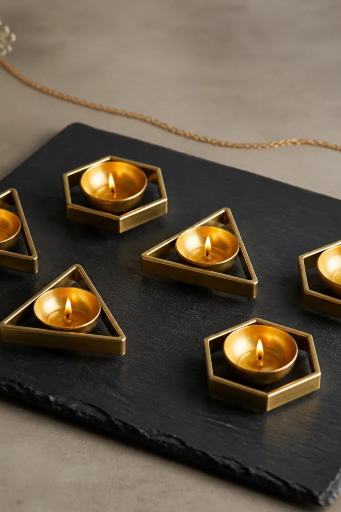 A flat black stone slab on a table. Brass geometric holders (triangle and hexagon shapes) hold small diyas. The holders are arranged in a staggered pattern. A thin gold chain lies behind them.