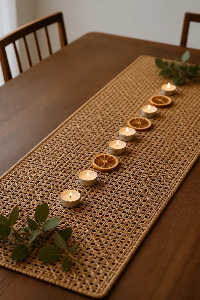 A woven cane mat on a dining table. A row of tea lights runs along the center. Dried citrus slices are placed at intervals. Small green leaves sit at both ends.