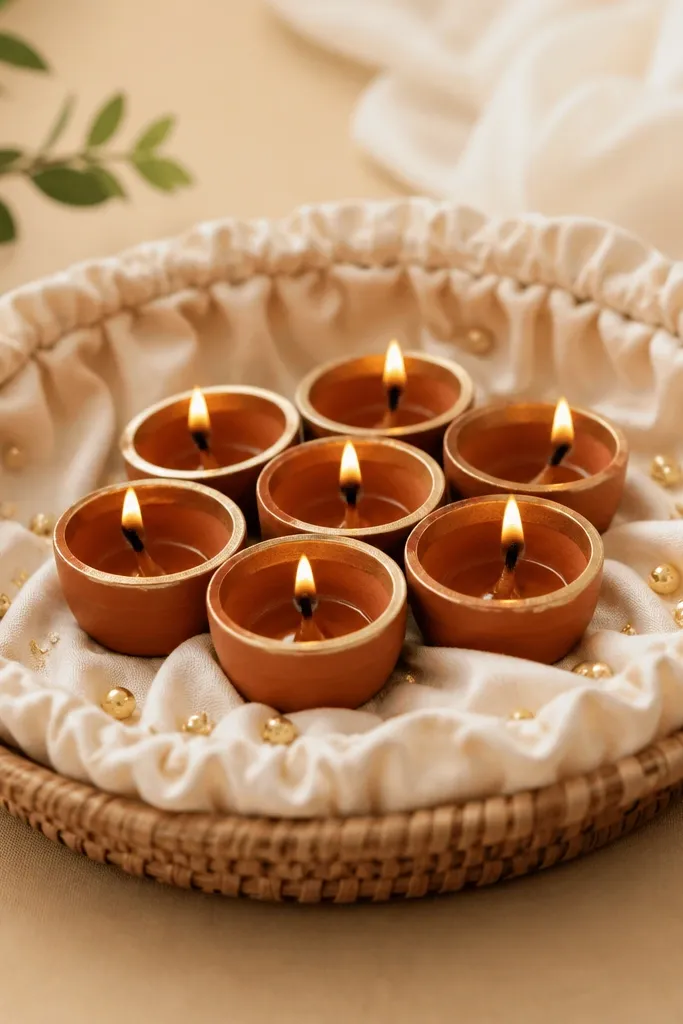 A shallow reed basket lined with a soft cream fabric ruffle. Micro diyas sit in a tight cluster inside the basket. Tiny gold beads are sprinkled on top of the fabric.