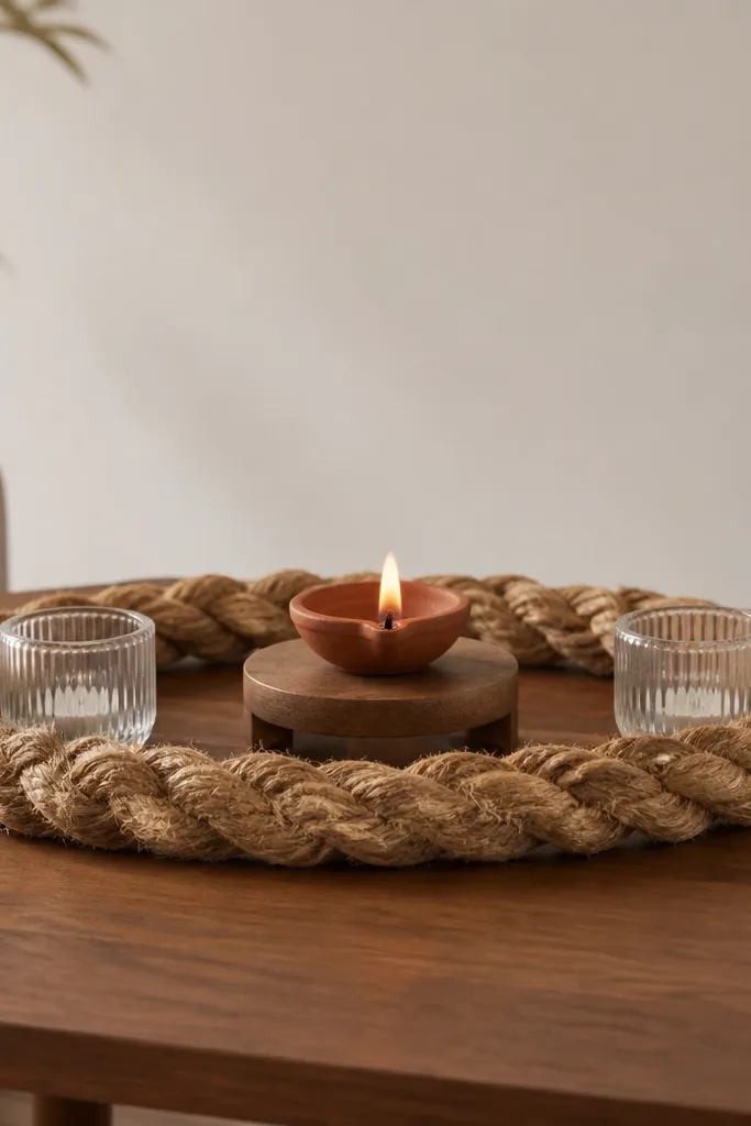 A thick jute rope ring on a coffee table. One diya sits on a small round stand at the center. Around the ring are two small glass votives with no flames. The background is a light wall.