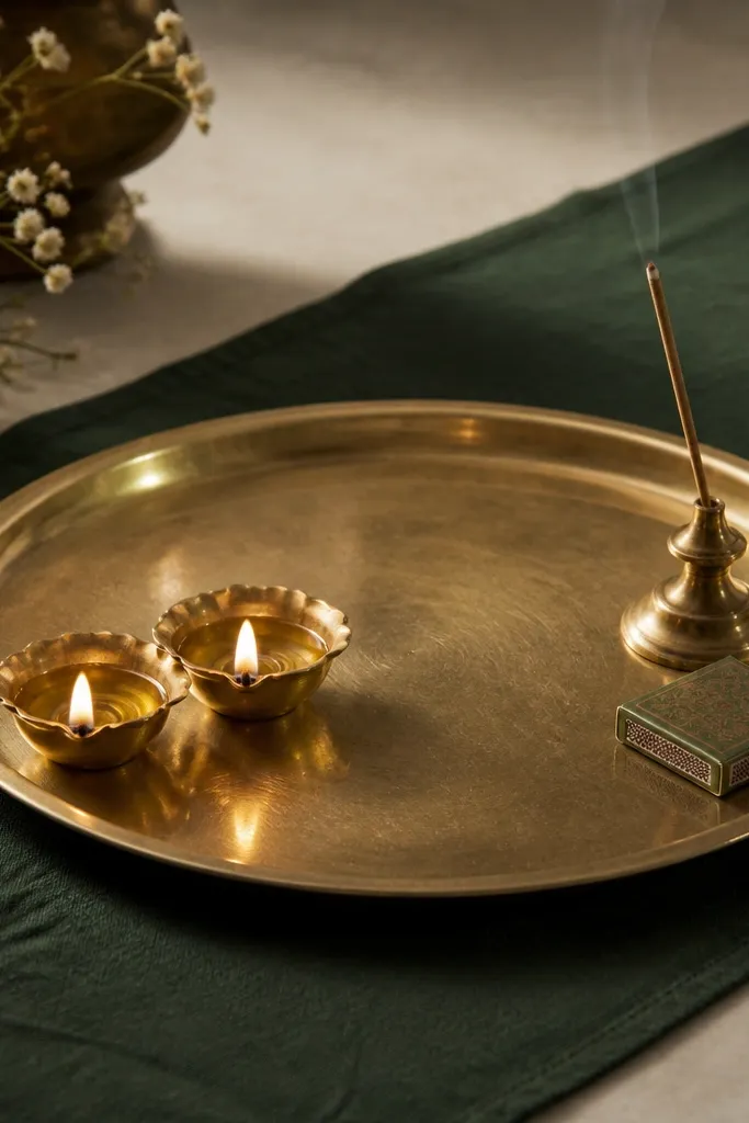 A shiny brass tray with a slightly aged finish. Two diyas sit side by side on one side. A small incense holder sits on the other side with a folded matchbox beside it. A dark green cloth runner lies underneath.