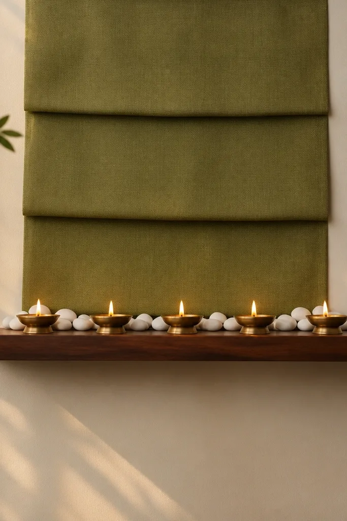 A floating shelf mounted on a wall. Behind the shelf is a folded fabric panel in olive green. Along the front edge, five diya holders sit in a neat row. Small white stones are placed behind the diyas.