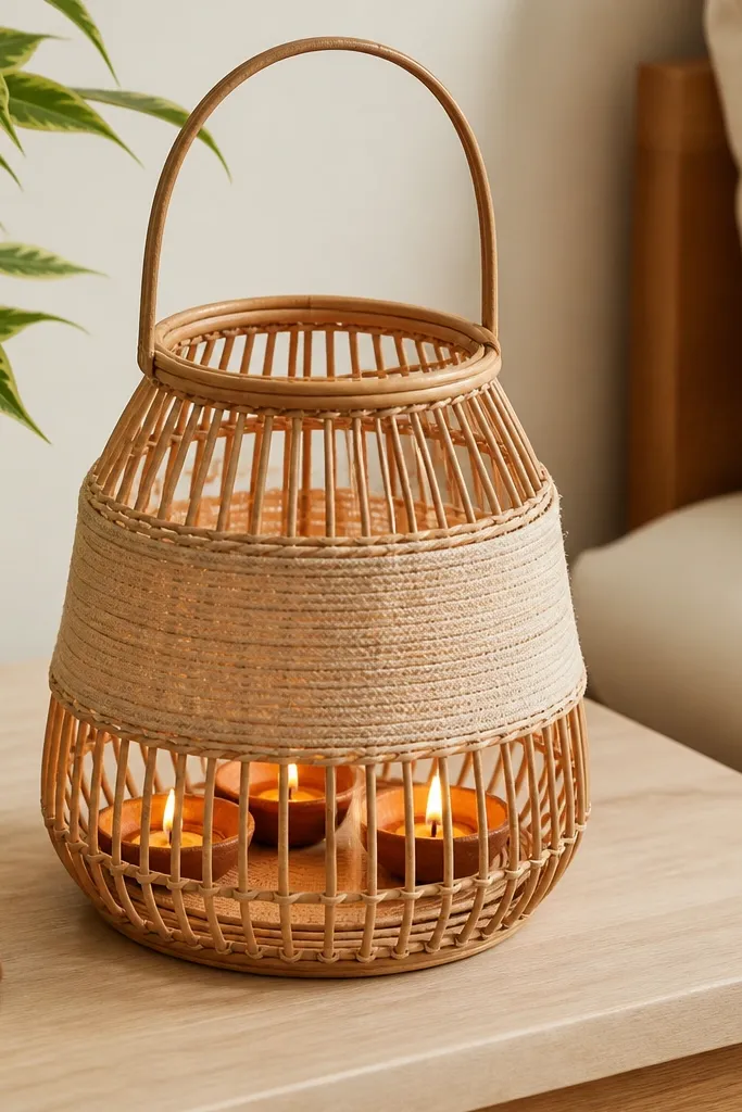A rattan lantern on a side table. The lantern has a warm beige cloth wrap around its middle. Inside the lantern are three diyas spaced in a triangle. The table surface is light wood.
