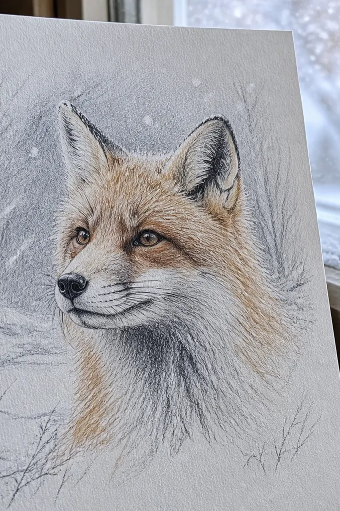 A fox head drawing inside a white snowy border with soft gray shading