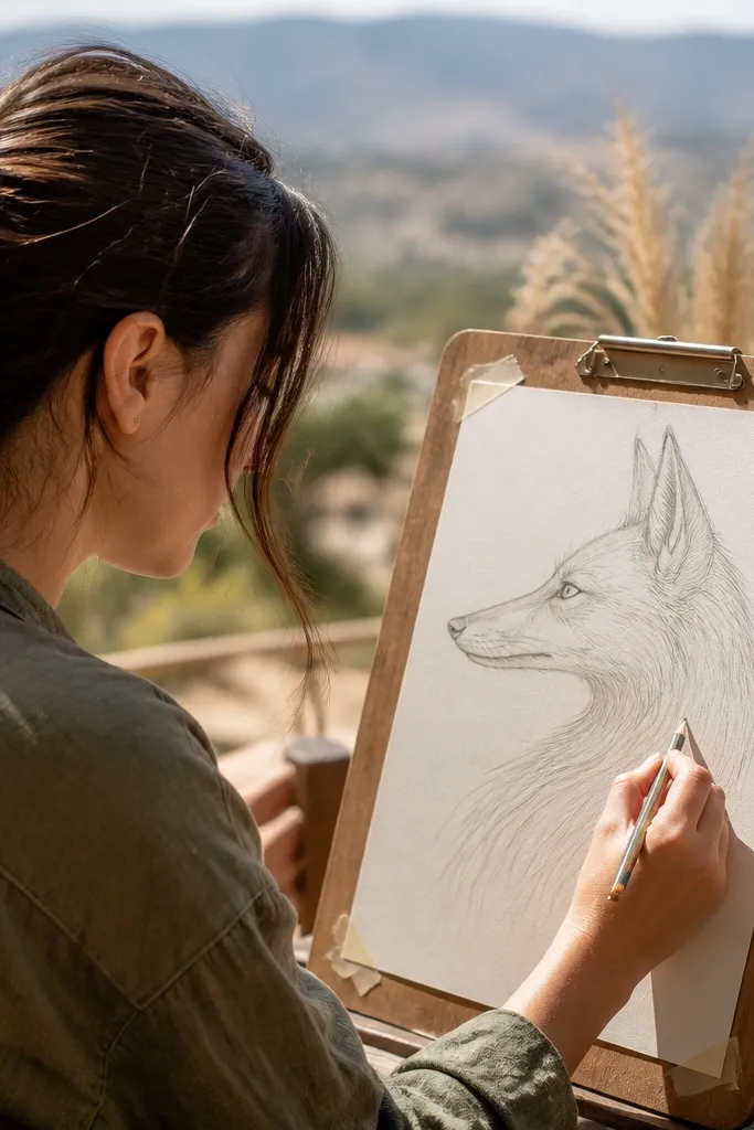 A side profile fox with long flowing fur strokes along the neck and tail
