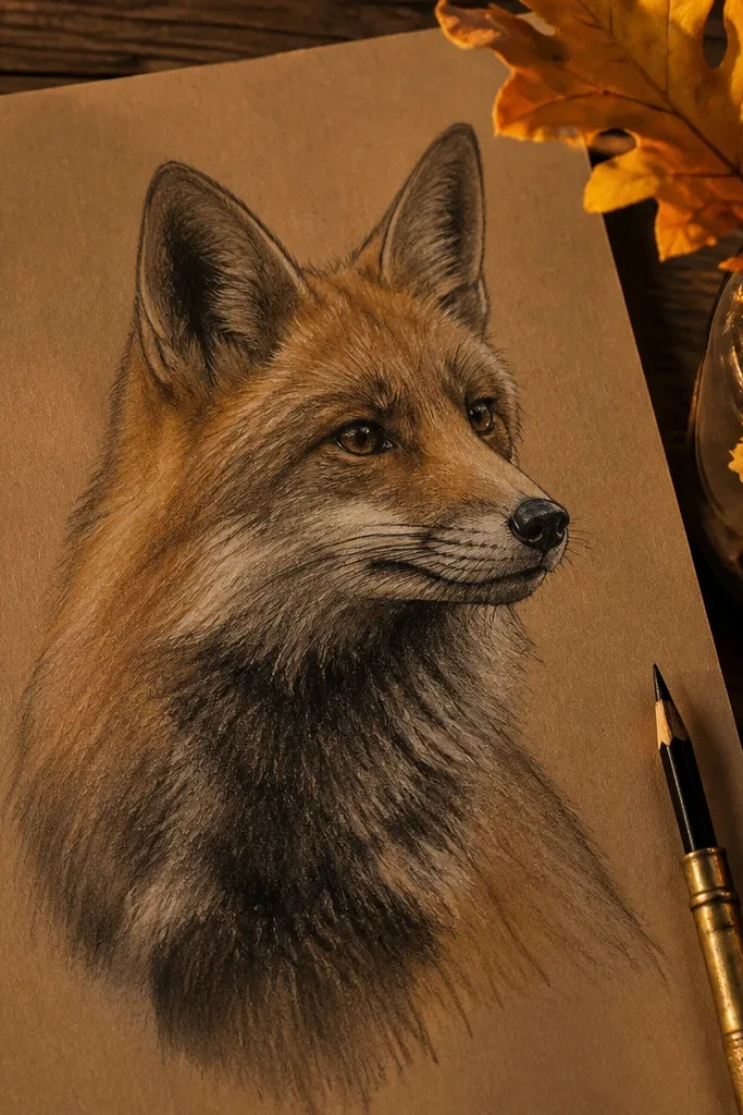 A fox portrait with warm shading using layered pencils