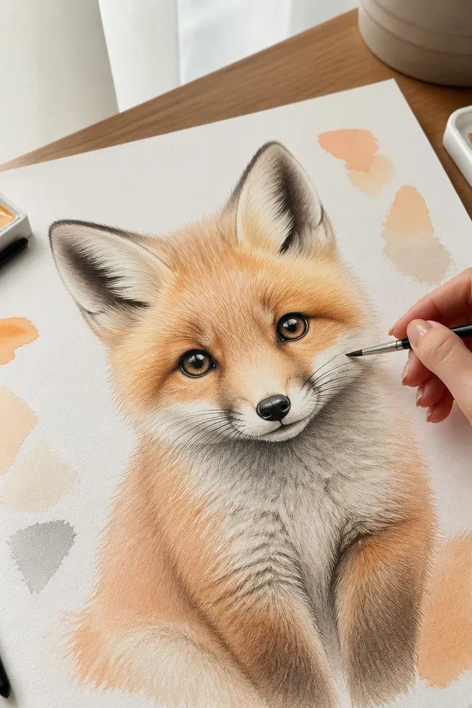 A cute fox kit face with large eyes and soft shading