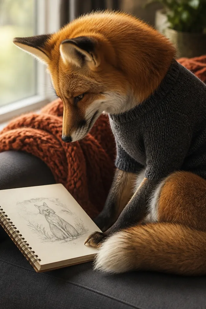 A fox sitting pose with a tail tucked close to the body