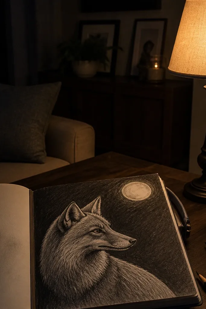 A fox head with a moon behind it on a dark pencil background
