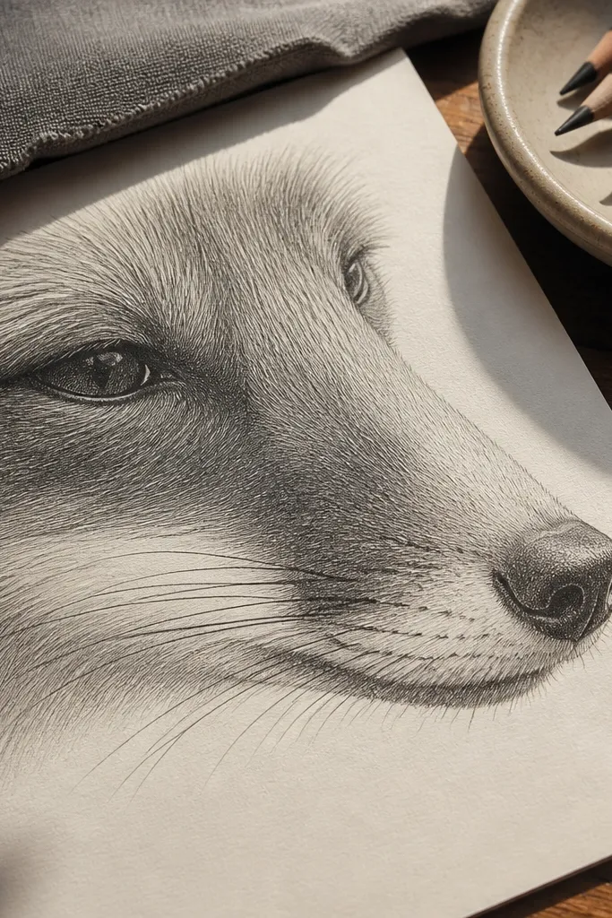 A close drawing of a fox nose and muzzle with fine pencil texture