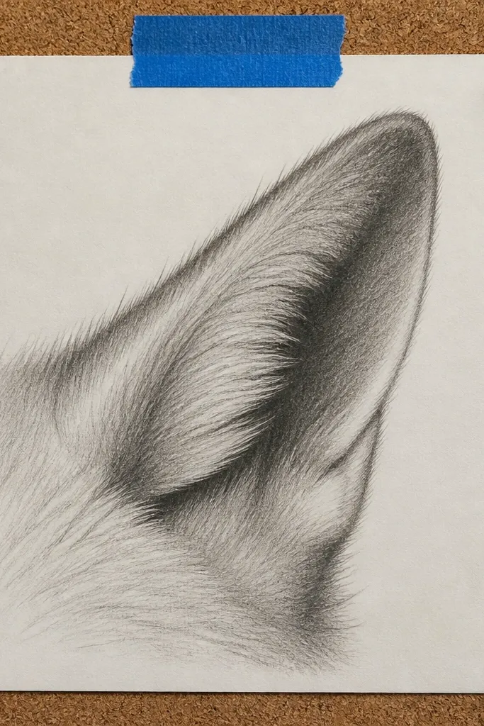 A fox ear drawing showing the inner fold and soft shadow gradient