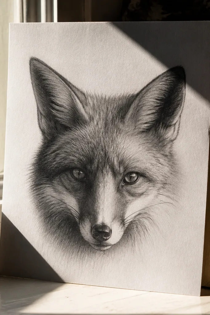 A fox face with strong side lighting and clear shadow shapes