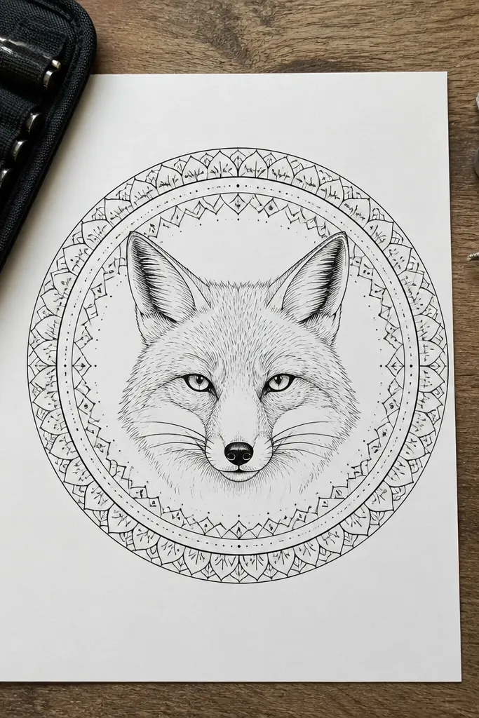 A fox face centered inside a circle frame with simple ring patterns
