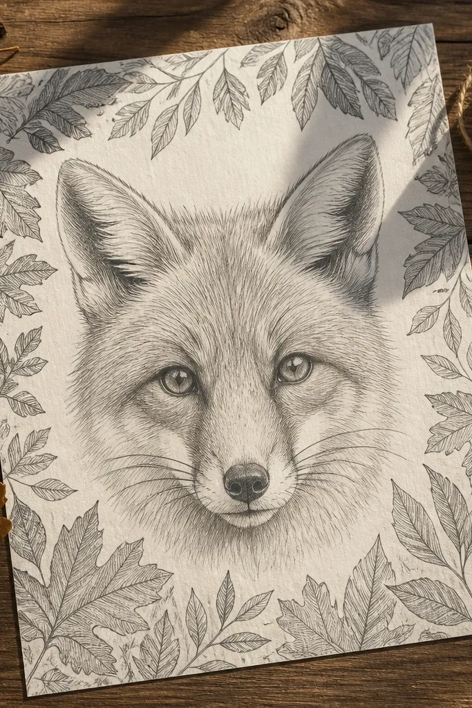 A fox head with a border of simple autumn leaves drawn in pencil