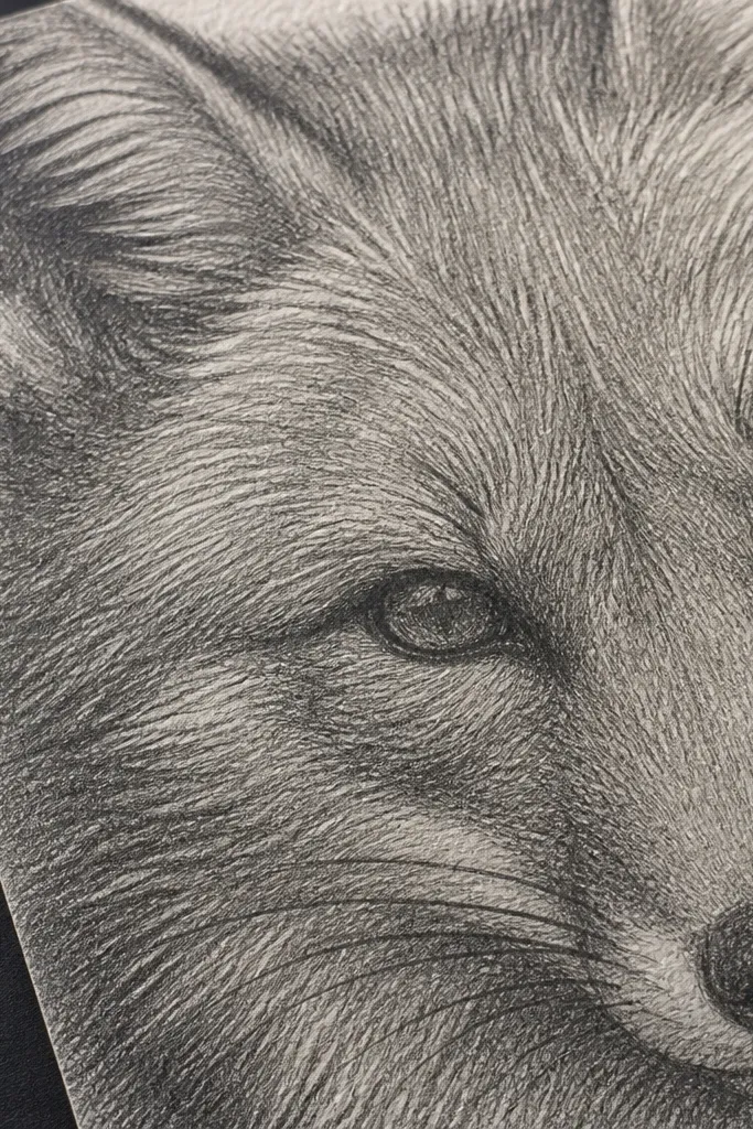 A fox face shaded with neat crosshatching and directional fur marks