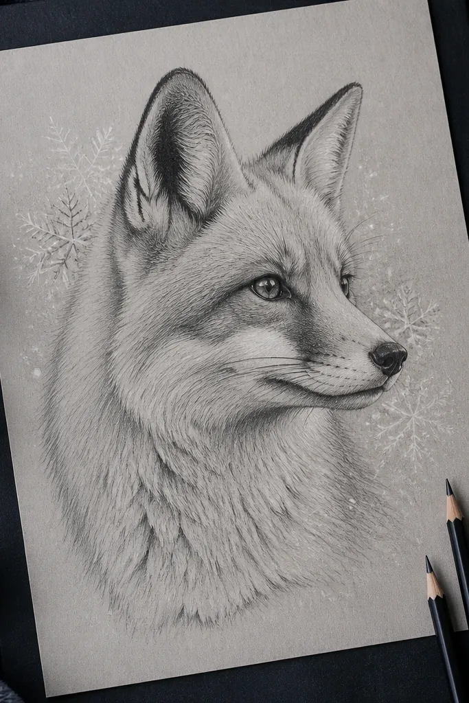 A fox face with scattered snowflake shapes on a light gray background