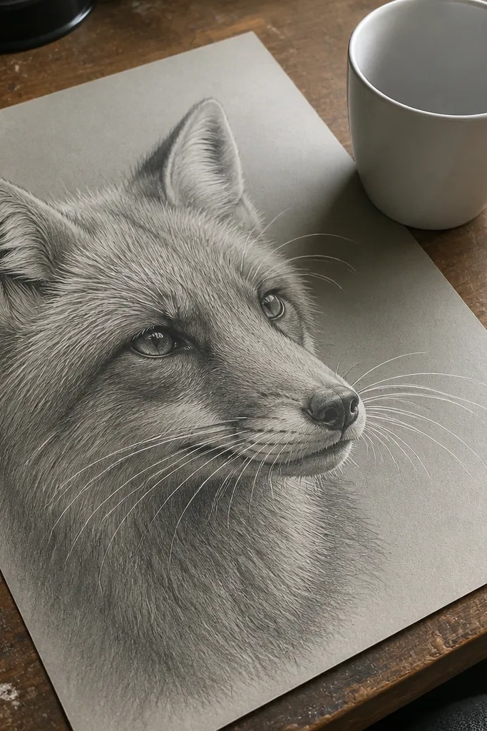 A fox portrait with bright white whiskers and small muzzle highlights