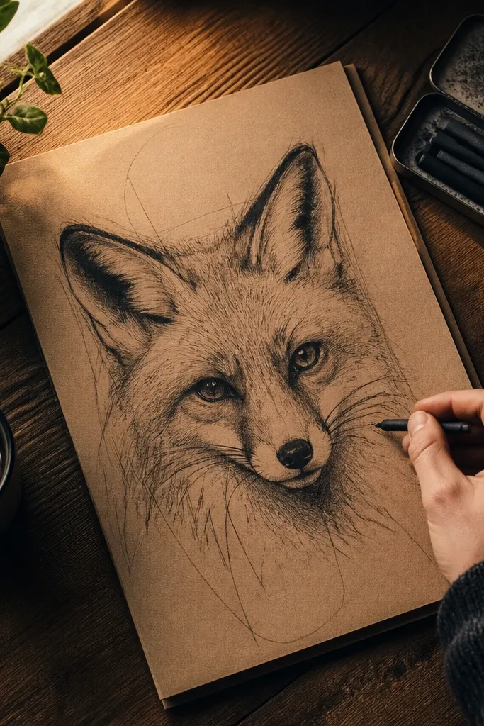 A fox face on tan paper with dark charcoal shadows
