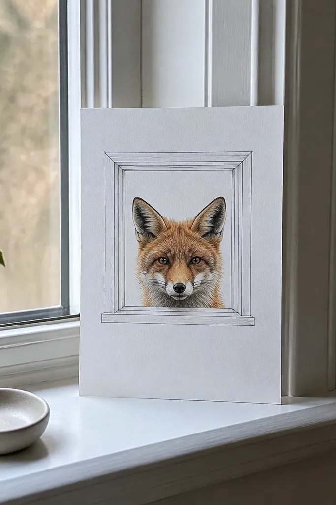 A fox face framed by a simple window rectangle with light shading