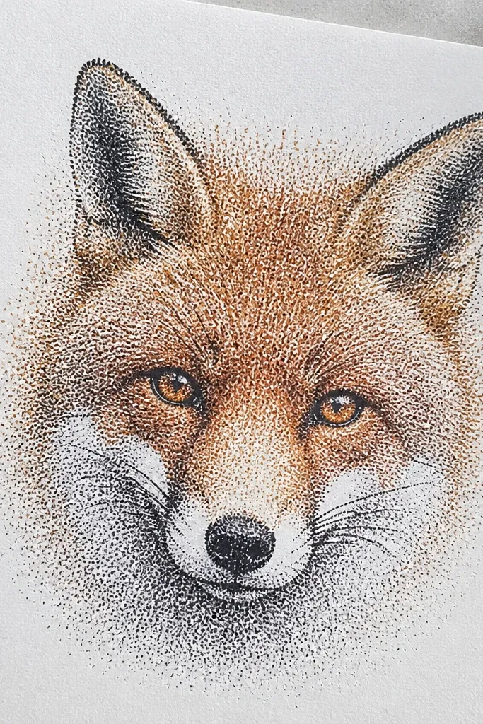 A fox face shaded with small pencil dots and a few darker dot clusters