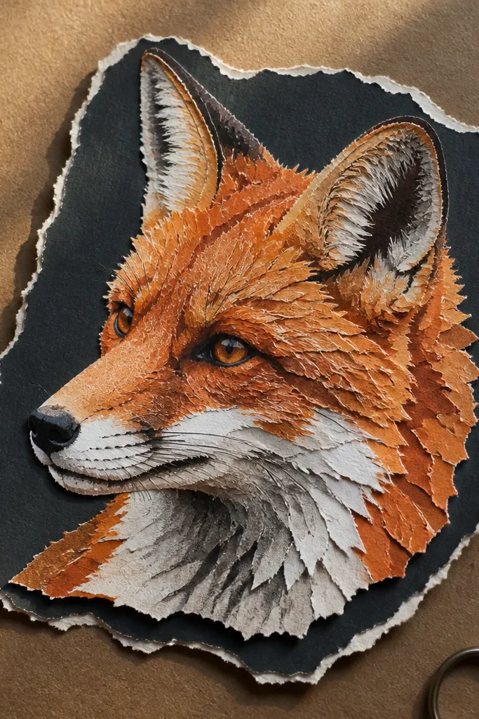 A fox head with torn-paper style edges around the silhouette