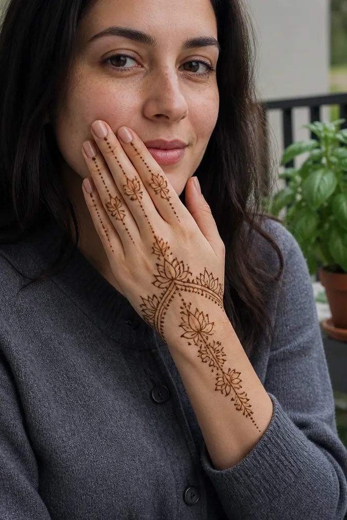 Back hand mehndi with a central lotus line from wrist to midfingers
