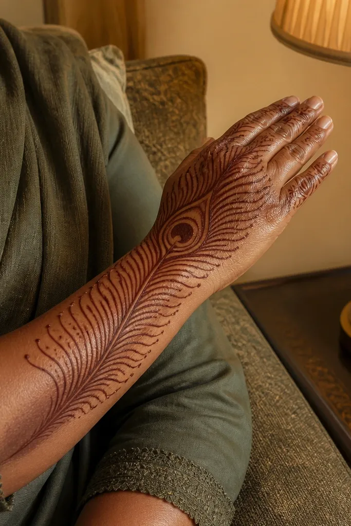 Back hand mehndi with peacock feather curves across the top