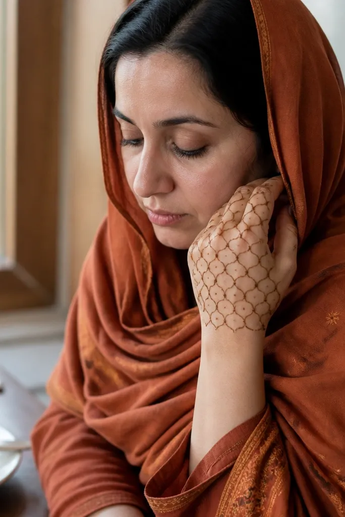 Back hand mehndi with two arch lines forming a net over knuckles