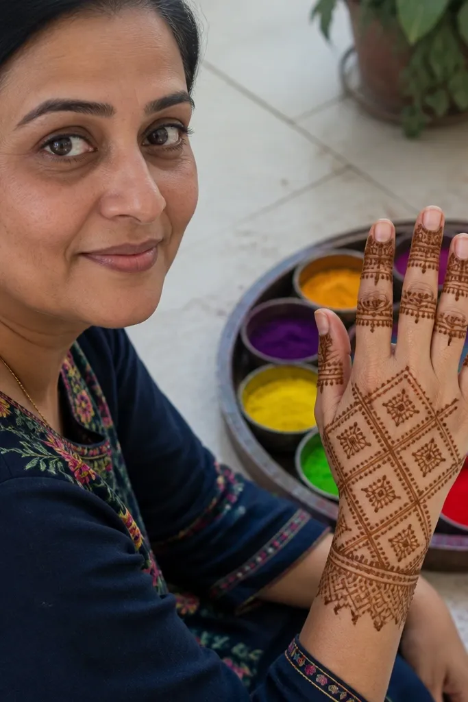 Back hand mehndi with diamond bands across fingers and wrist