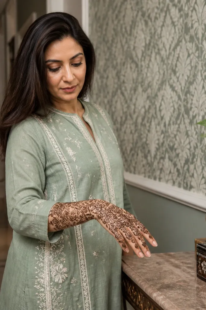 Back hand mehndi with scroll vines filling the whole back