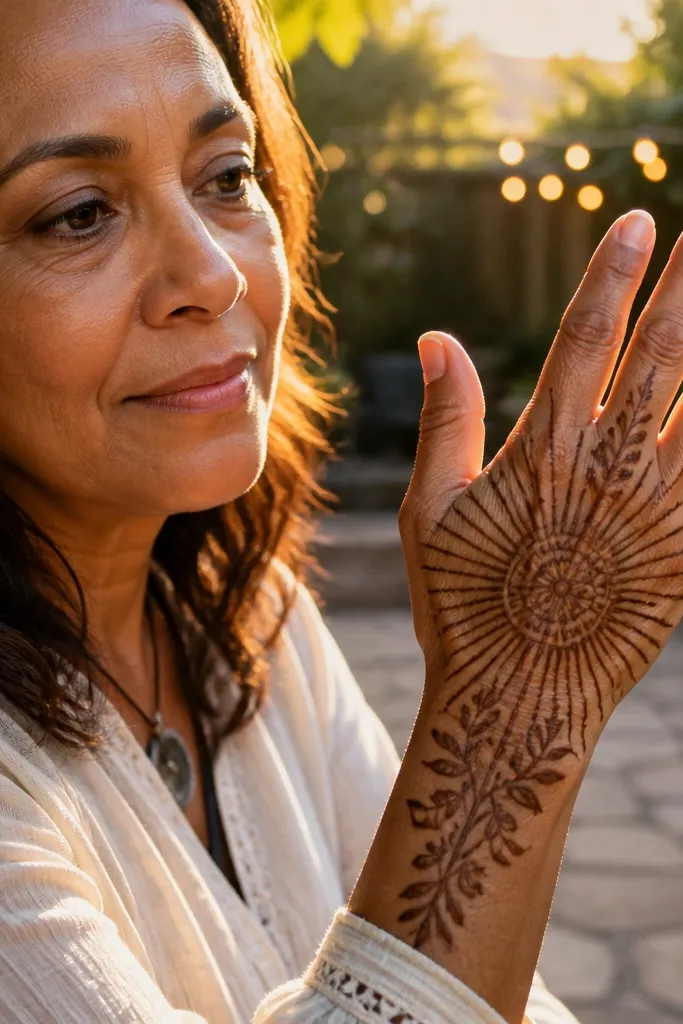 Back hand mehndi with a sunburst mandala centered at the wrist