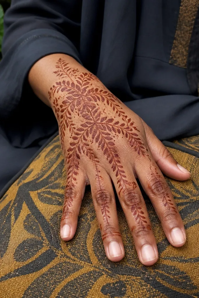 Back hand mehndi with banyan leaf clusters forming a lattice