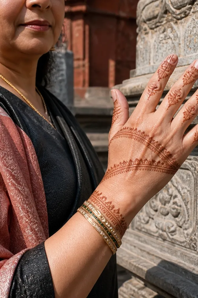 Back hand mehndi with temple-style border and palm bands