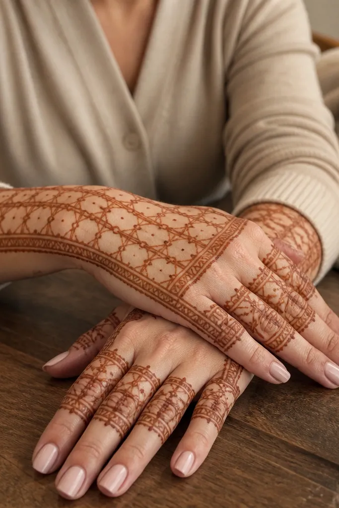 Back hand mehndi with chain links and a finger grid pattern