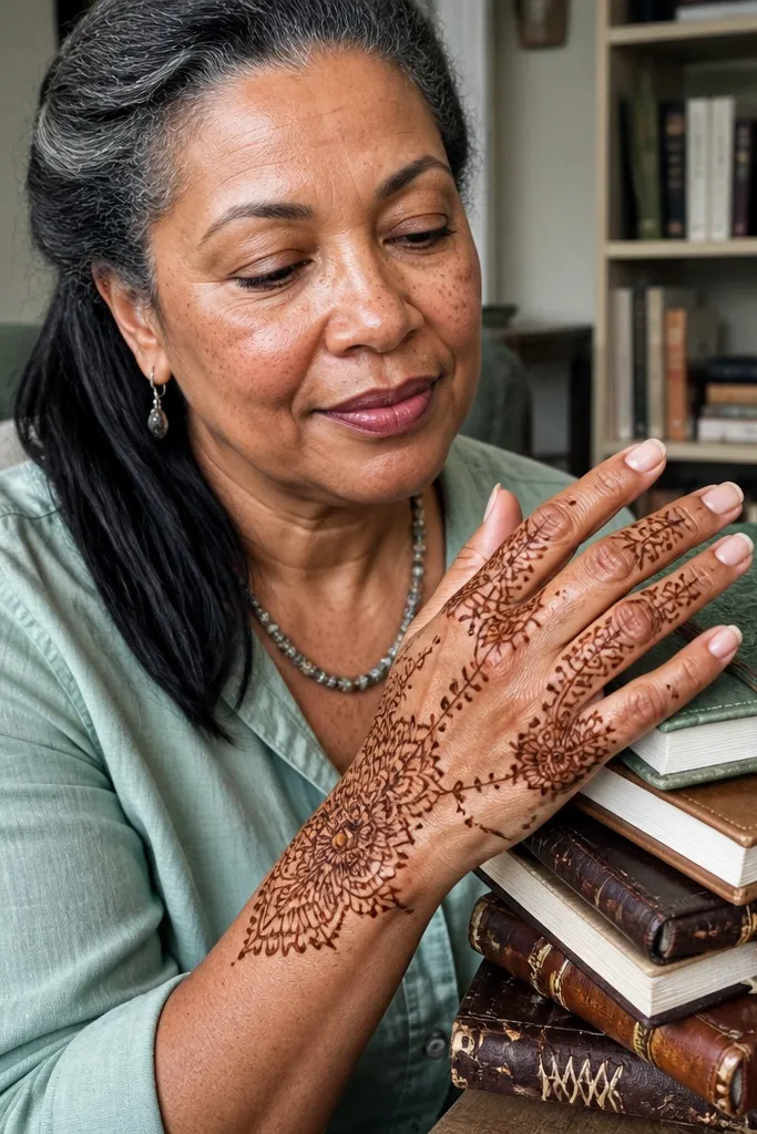 Back hand mehndi with mandala clusters placed at corners and finger gaps