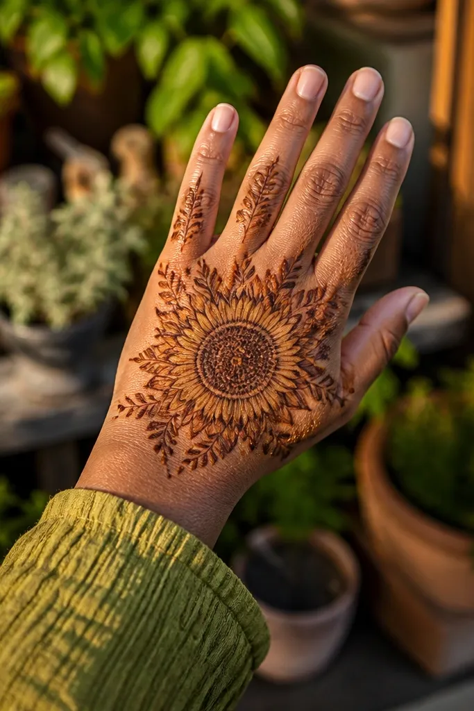 Back hand mehndi with sunflower burst at center and petal bands