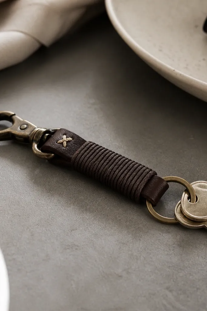 A small key fob made from dark brown waxed thread wrapped tightly around a slim leather strip, with a tiny stitched initial in light cream thread tucked near the clasp; keys sit beside it on a gray desk.