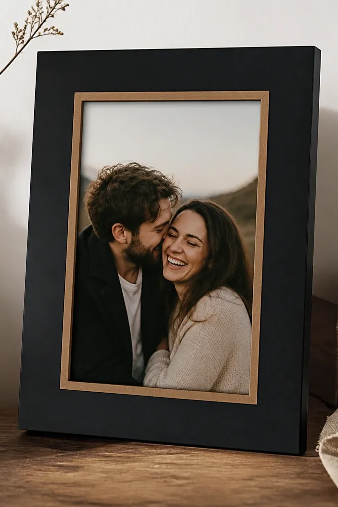 A tabletop photo frame painted matte black with a thin border made from brown kraft paper strips like receipt rolls, all sealed and trimmed evenly; the photo inside shows a candid couple shot.