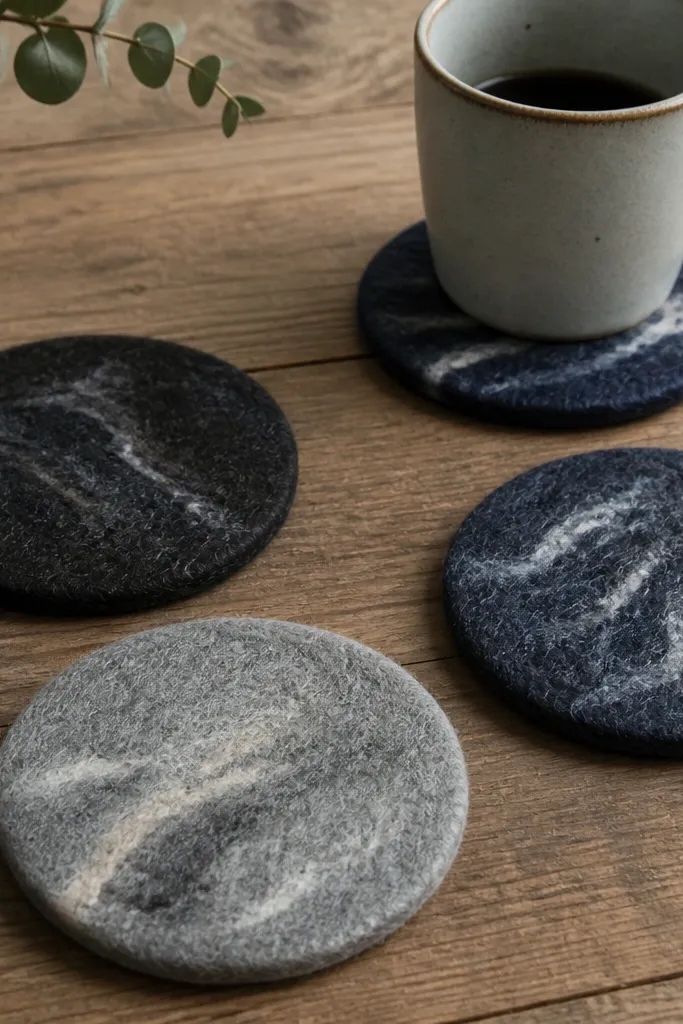 Four round felted wool coasters in muted gray, deep navy, and charcoal with a subtle wet-felted texture; they sit on a wooden table with a mug.